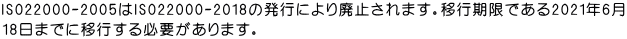 ISO22000-2005はISO22000-2018の発行により廃止されます。移行期限である2021年6月 18日までに移行する必要があります。