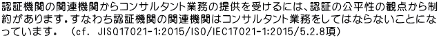 認証機関の関連機関からコンサルタント業務の提供を受けるには、認証の公平性の観点から制 約があります。すなわち認証機関の関連機関はコンサルタント業務をしてはならないことにな っています。　（cf． JISQ17021-1：2015/ISO/IEC17021-１：2015/5.2.8項）